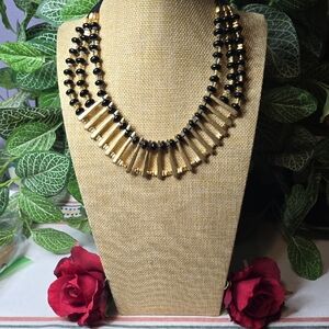 Chico's 3 Strand Gold Tone and Black Beaded Statement Necklace